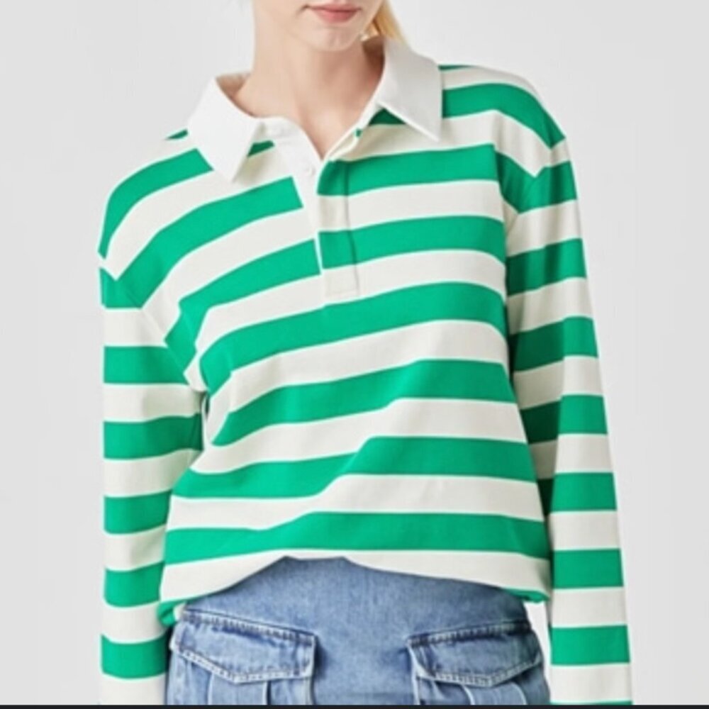 Anthropologie GREY LAB Green and White Striped Polo Shirt Size Medium